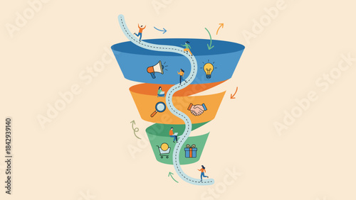 Customer journey sales funnel concept. Tiny people on path. Marketing strategy stages. Lead generation pipeline. Conversion flow. User experience optimization. Business infographic.