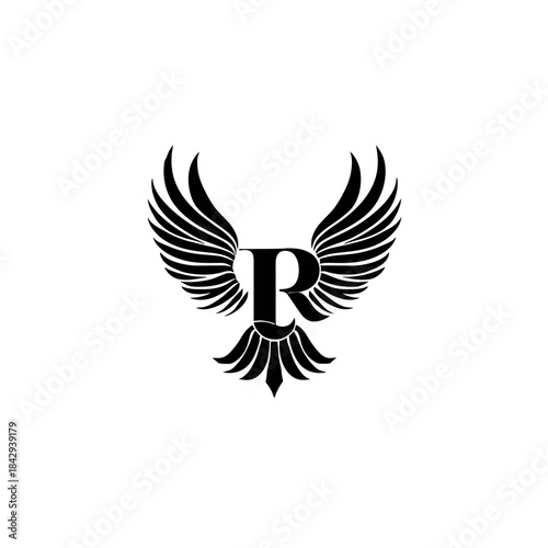 Elegant R letter with ornate bird wings design, premium alphabet initial icon, abstract heraldic crest concept, monochrome graphic