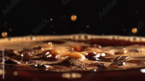 dark studio closeup of coffee splash with falling beans, crema crown and droplets captured in high-speed, rich chocolate tones, roaster dropping beans for product shot, glossy reflections