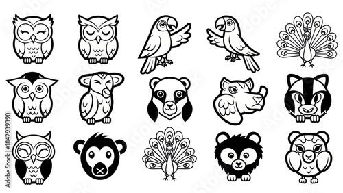 Photography Cartoon animal collection set black and white illustrations vector design