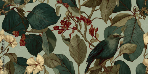 Muted vintage pattern featuring a bird perched among large botanical leaves and small flowers in dark green, beige, and terracotta tones for sophisticated fabrics and wallpapers