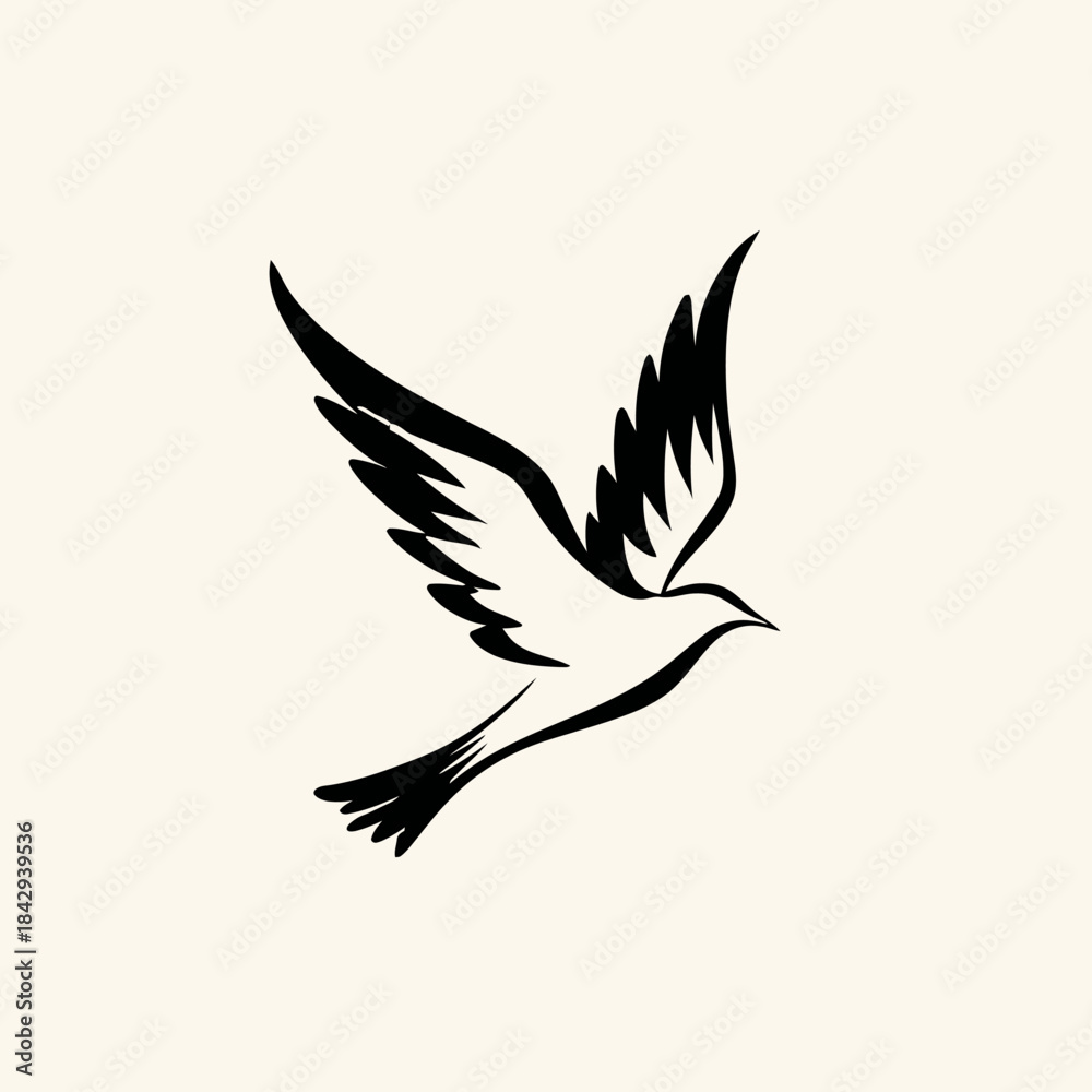 Fototapeta premium Stylized black and white flying bird illustration, minimalist vector drawing. Concept of freedom, peace, and spirituality. Simple elegant design.