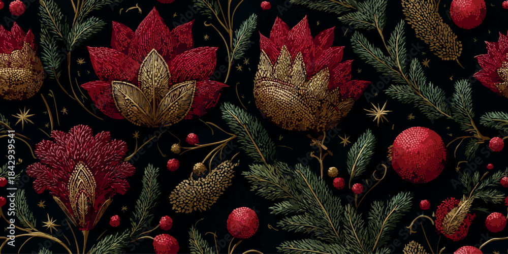 Obraz premium Luxurious Christmas pattern featuring detailed dimensional red poinsettias and holly on a muted, elegant neutral gold-beige background for sophisticated wrapping paper and fabrics