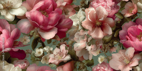 Soft, feminine floral pattern with large, lush pink peonies and delicate white blossoms on a muted sage green background for spring textiles, romantic stationery, and baby apparel