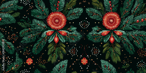 Rich, moody botanical pattern showcasing large, detailed red poinsettias and lush dark leaves in a vintage engraved style on a black background for luxury wallpapers and opulent textiles