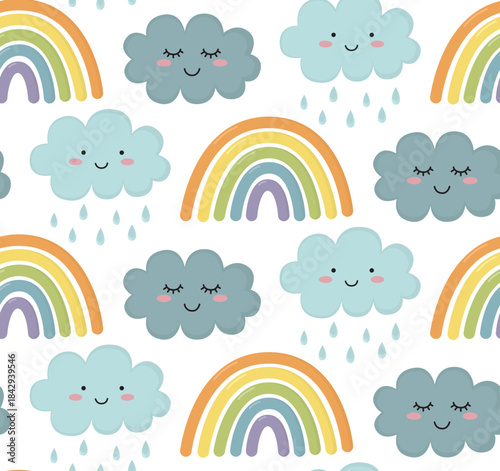 Seamless pattern with rainbows, smiling clouds with raindrops and clouds with closed eyes. Funny childish background