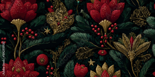 Vibrant, stylized Christmas pattern featuring dimensional red and gold poinsettias with berries and abstract foliage on a contrasting black background for bold fabrics and luxury packaging