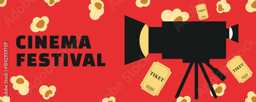 Cinema Festival Banner with Movie Camera, Popcorn and Tickets on Bold Red Background