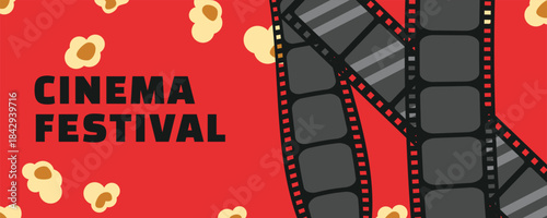 Cinema Festival Banner with Popcorn and Film Reel on Vibrant Red Background