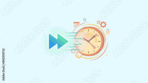 Fast forward button speeding up clock. Time management urgency concept. Business efficiency workflow. Deadline pressure speed. Productivity acceleration. Rapid turnaround fast pace.