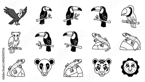 Cartoon animals illustration set vector collection black and white design