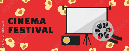 Cinema Festival Banner with Popcorn, Film Projector and Film Strip on Vibrant Red Background