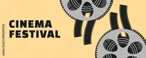 Cinema Festival Banner with Vintage Film Reels and Film Strips in Modern Vector Style