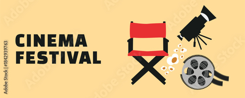 Cinema Festival Banner with Director’s Chair, Movie Camera, Popcorn and Film Reel in Flat Illustration Style