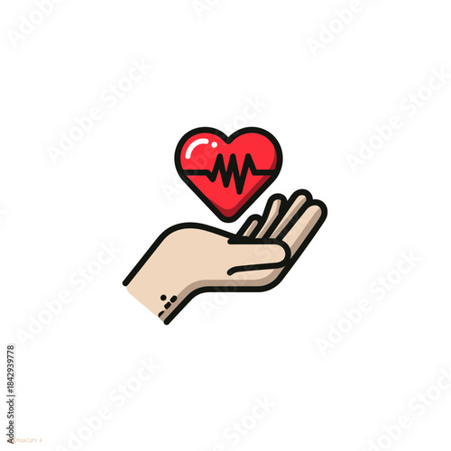 Hand holding a red heart with an ECG heartbeat line, symbolizing healthcare, medical care, love, health insurance, and well-being.