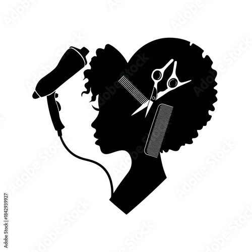 Hairdresser Afro Beauty Icon. Woman's Silhouette with Curly Hair, Heart Shape, and Styling Tools
