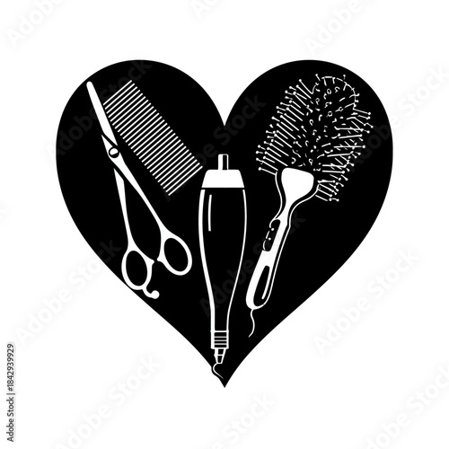 Hairdresser tools in a heart shape silhouette. Salon equipment with comb, scissors, hairdryer, and brush for hair styling.
