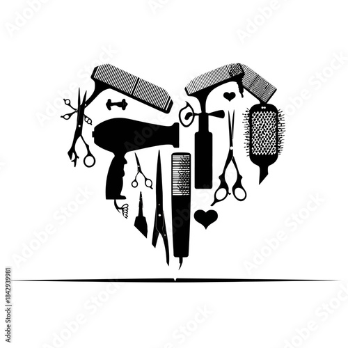 Stylist's Heart: Silhouette of Hairdressing Tools Forming a Love Symbol, Representing Passion for Beauty, Salon, and Hair Care