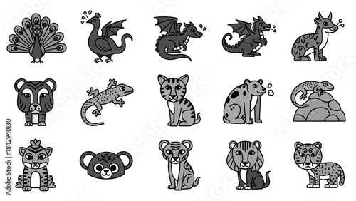 Cartoon animal illustrations peacock dragon hyena leopard and more
