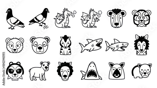Cartoon animal set pigeon dragon bear shark lion panda dog vector icons