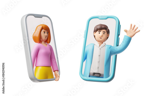 3D smartphone screens with a woman and a man interacting with each other.