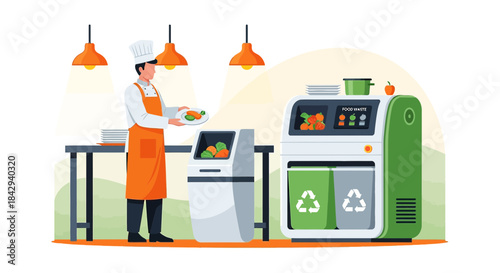 Chef Using Food Waste Sorting Machine in a Restaurant Kitchen to Reduce Environmental Impact