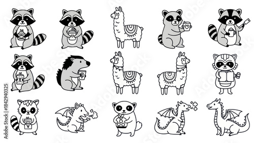 Cartoon animals illustrations in black and white with various objects and expressions