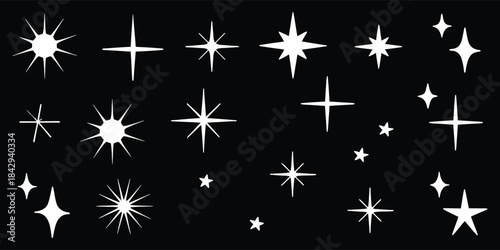 White sparkling star shapes on a black background in various glowing styles. Elegant celestial vector elements perfect for night sky themes and decorative designs. Clean icons ideal for patterns, bran