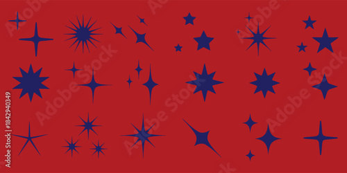 Collection of blue star shapes on a red background in various sparkling forms. Decorative celestial icons ideal for festive, cosmic, and graphic design projects. Clean vector elements perfect for 
