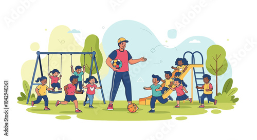 Children playing happily with their teachers on the playground in a joyful kindergarten illustration