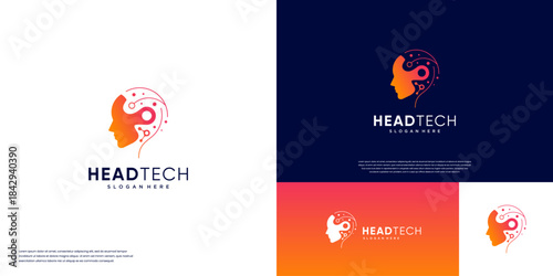 logo with the concept of the human mind and modern technology, neural networks, electrical circuits, graphic design illustration