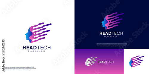logo symbolizing the speed of information with a digital concept, data transfer, human head, vector graphic design.