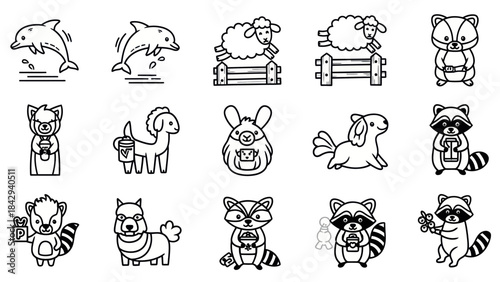 Cartoon animal illustrations in black and white for design projects