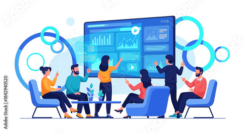 Collaborative team brainstorming data analytics display for innovative strategies and insights