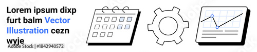 Calendar with dates, gear for settings, and chart with growth lines for analytics. Ideal for planning, management, productivity, workflow, organization, success simple landing page