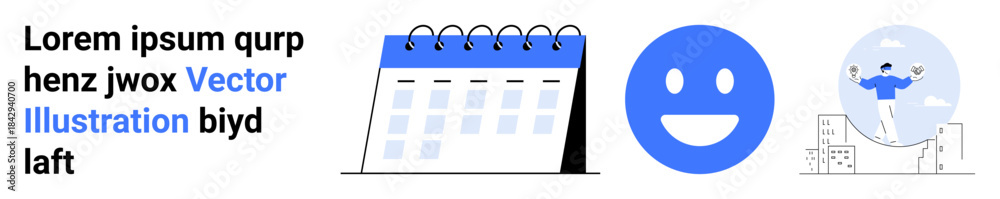 Fototapeta premium Planning, scheduling, productivity, business growth, communication, strategy. A calendar icon, happy face and business graph. Planning and scheduling visually in this vector concept
