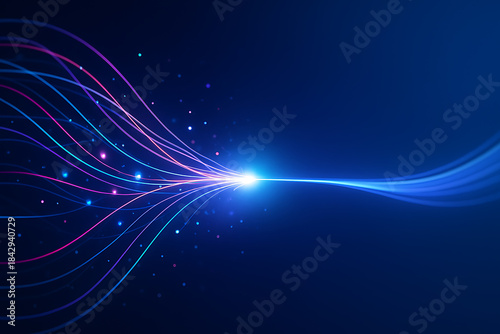 Dynamic neon data flow with colorful digital lines and particles converging into a single bright glowing central energy point