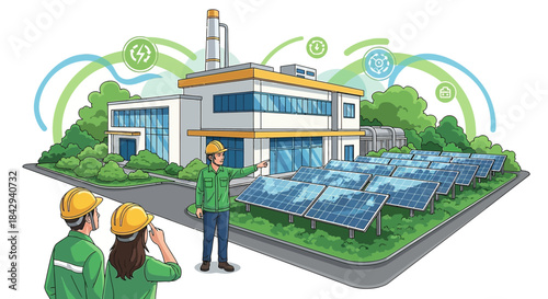 Conceptual illustration showcasing workers at modern sustainable energy power plant with solar