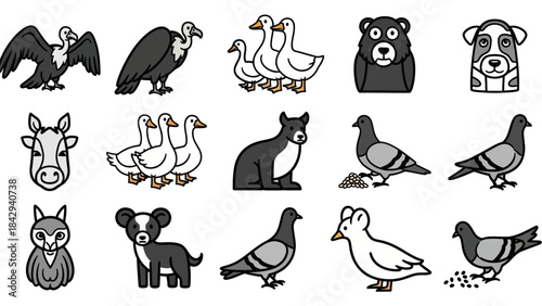 Cartoon animal set vulture goose bear dog cow pigeon owl vector icons