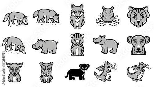 Cartoon animal collection wolves hippo tiger lion dragon illustration set