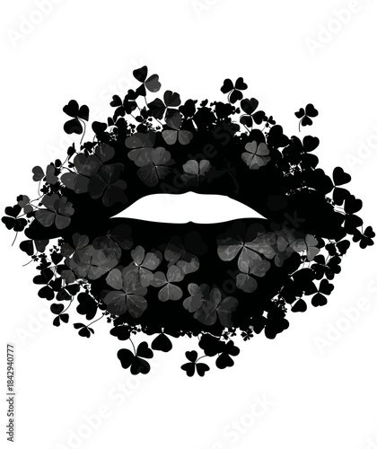 Abstract black lips silhouette formed by clovers, graphic illustration of lucky foliage for nature and beauty concepts.