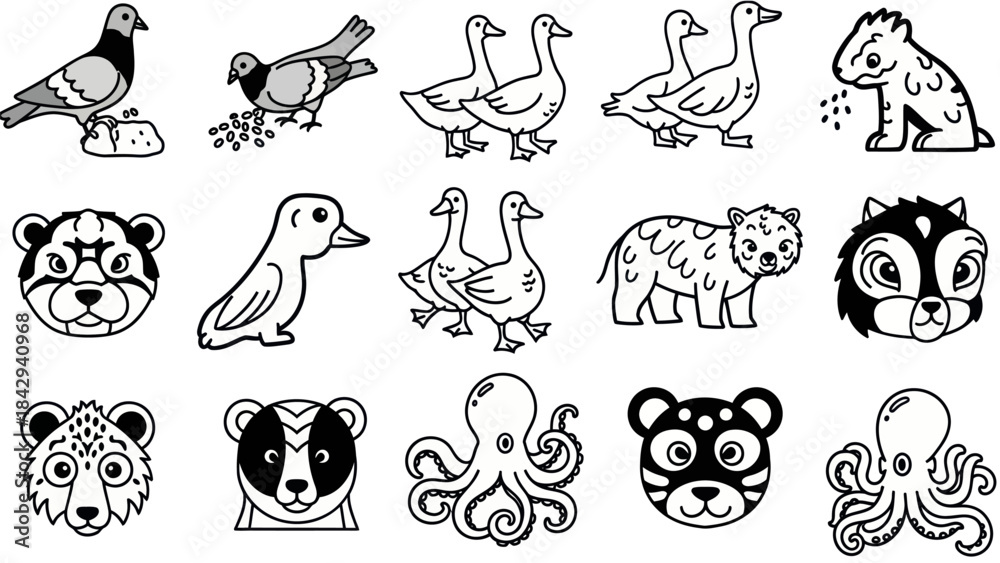 Obraz premium Cartoon animals and aquatic creatures in black and white line art illustrations