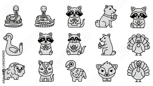 Cartoon animal illustrations raccoons snake turkey dog fox and other wildlife