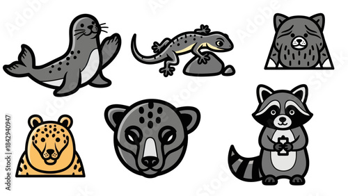Cartoon animal illustrations seal lizard bear raccoon and cheetah designs