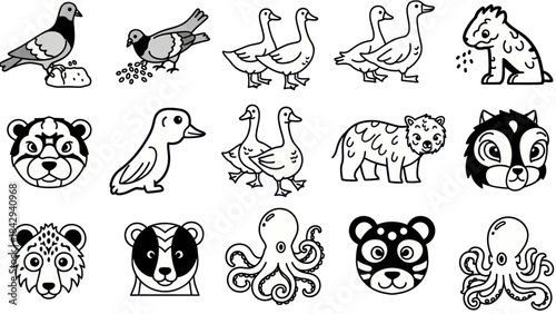 Cartoon animals and aquatic creatures in black and white line art illustrations