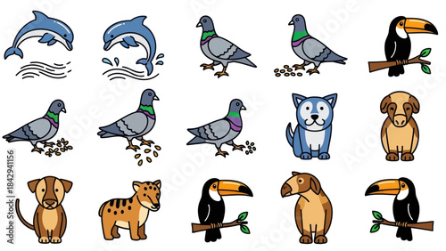 Collection of cartoon animals and birds in a vector illustration style