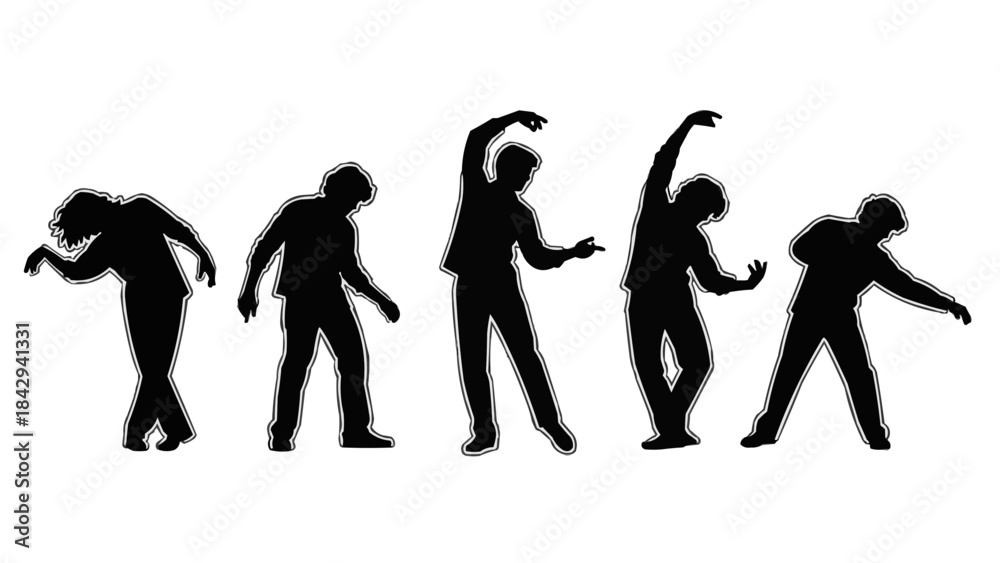Fototapeta premium Silhouette dancers in mid-motion, captured in a sequence of dynamic poses. The dancers are engaged in a captivating dance performance, displaying graceful movements