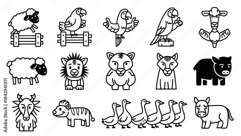 Fototapeta premium Cartoon animal icons in black and white for diverse design applications