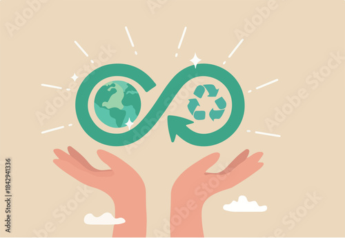 Circular economy, sustainability, ecology with reusable resource, energy or eco friendly product, recycle material or environment protection, climate change concept, hand hold circular economy cycle