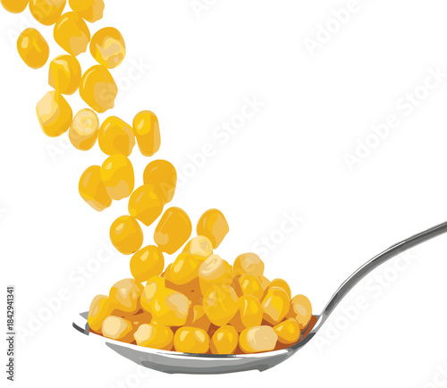 Realistic vector illustration of bright yellow corn kernels pouring into a metal spoon, symbolizing fresh vegetable, healthy food ingredient, cooking, harvest, and natural raw produce.